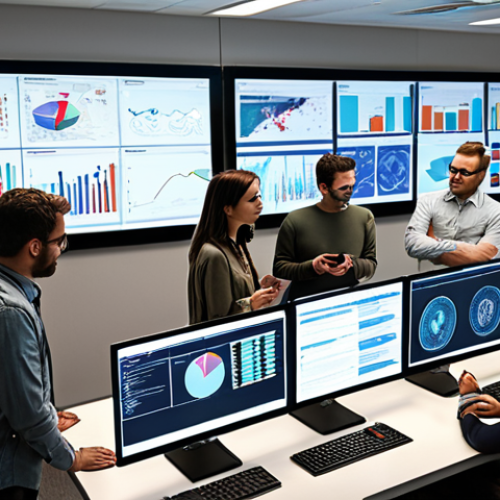 **Image Prompt:** A diverse group of people collaborating on a complex project, surrounded by screens displaying data and code, emphasizing teamwork, communication, and problem-solving in a modern office.