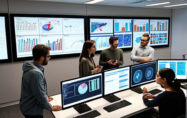 **Image Prompt:** A diverse group of people collaborating on a complex project, surrounded by screens displaying data and code, emphasizing teamwork, communication, and problem-solving in a modern office.
